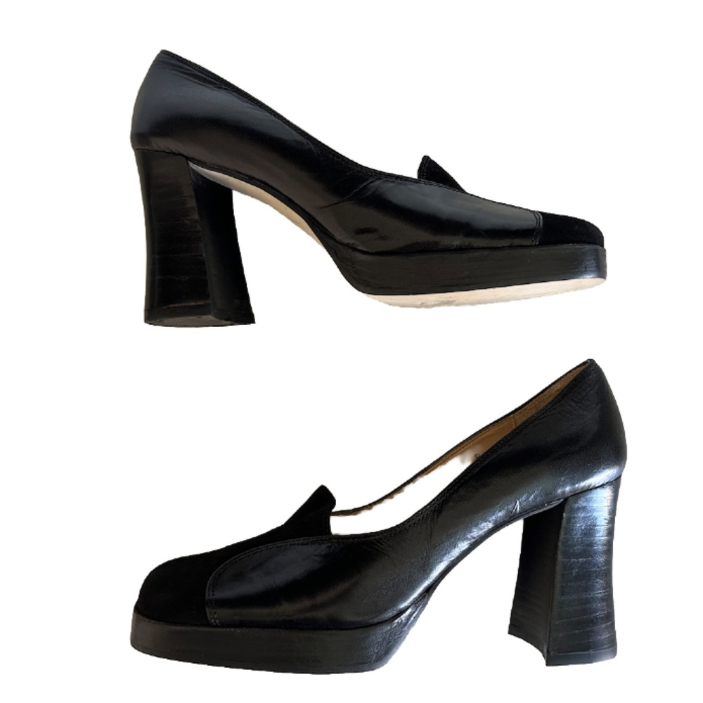 Y2K 90s Enzo Angiolini square toe suede leather black Platform Slip On 7 Retro - Picture 8 of 13